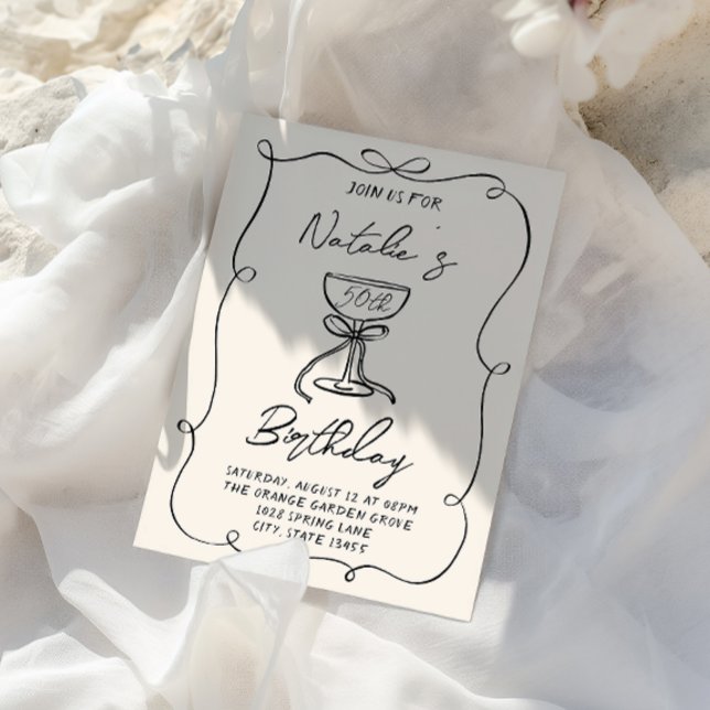 50th Hand Drawn Black & White Bow Martini Birthday Invitation (Creator Uploaded)