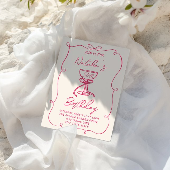 50th Hand Drawn Pink Bow Martini Doddle Birthday  Invitation (Creator Uploaded)
