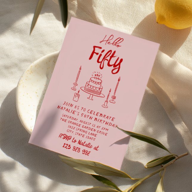 50th Hand Drawn Pink Red Cake Hello Fifty Birthday Invitation (Creator Uploaded)