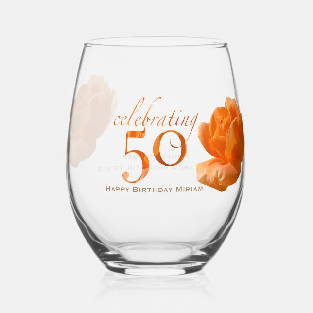 50th happy birthday customise peach rose keepsake stemless wine glass (Front)