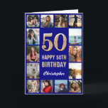 50th Happy Birthday Navy Blue & Gold Photo Collage Card<br><div class="desc">50th Happy Birthday Navy Blue and Gold Photo Collage Birthday Card. For further customisation,  please click the "Customise it" button and use our design tool to modify this template.</div>
