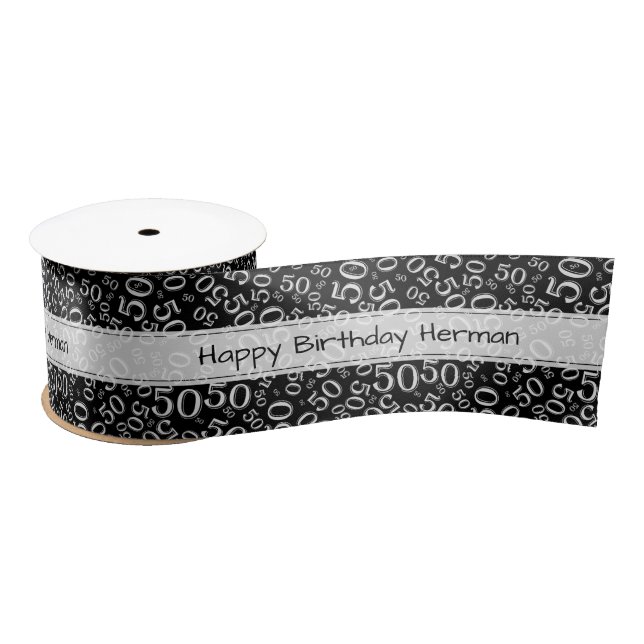 50th "Happy Birthday" Random Number Pattern Black Satin Ribbon (Spool)
