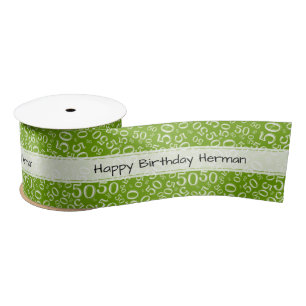 50th "Happy Birthday" Random Number Pattern Green Satin Ribbon