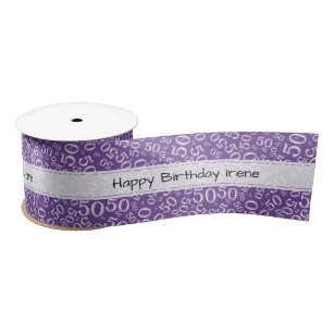50th "Happy Birthday" Random Number Pattern Purple Satin Ribbon