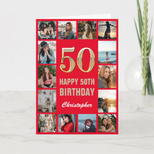 50th Happy Birthday Red and Gold Photo Collage Card