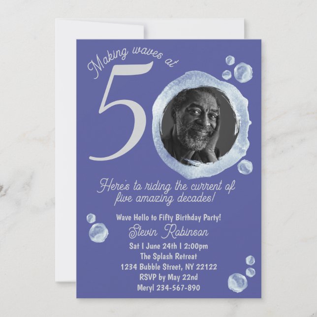 50th Indigo Blue Bubbles Birthday Party Invitation (Front)