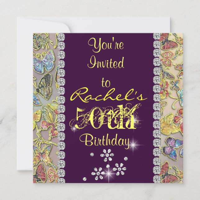 50TH inviitation YELLOW & PURPLE Women'S Birthday Invitation (Front)