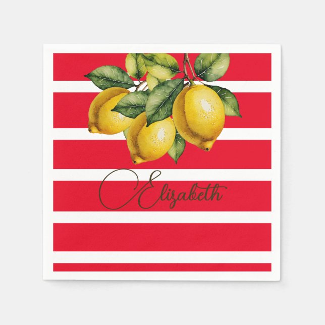 50th Italian Lemon Botanical Red White Stripe  Napkin (Front)