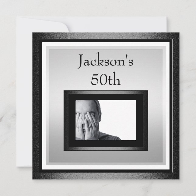 50th Male Birthday White Silver Black Photo Invitation (Front)