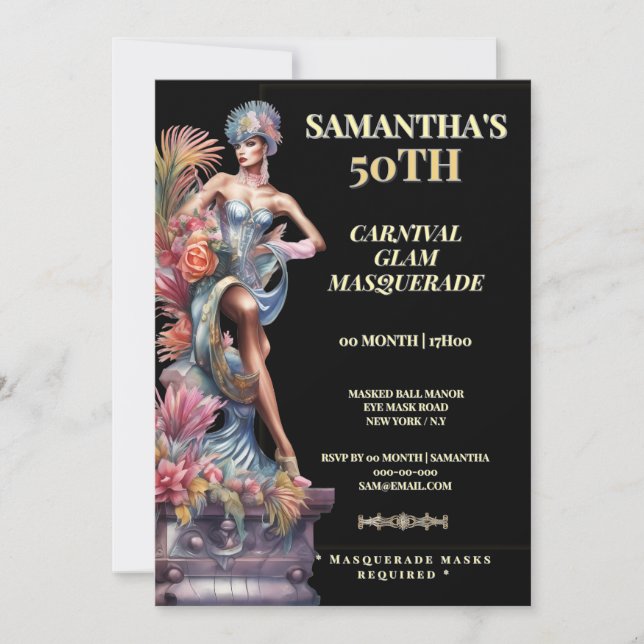 50th Masquerade Birthday Invitation Black Gold (Front)