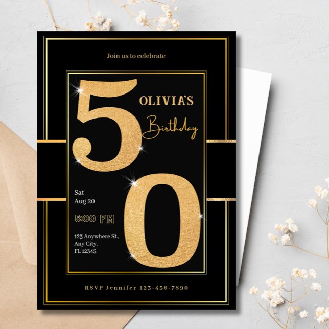 50th Modern Black Gold Typography Glitter Birthday Invitation (Creator Uploaded)