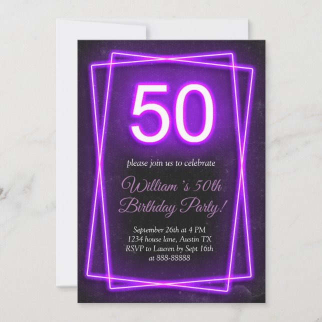 50th Neon Lights Retro Black Chic Fifty Birthday Invitation (Front)