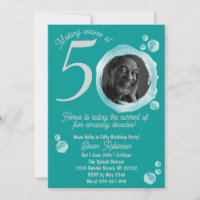 50th Ocean Teal Bubbles Birthday Party Invitation