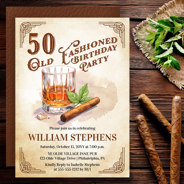 50th Old Fashioned Whiskey Cigar Birthday Party Invitation (Old Fashioned whiskey 50th birthday invitation with vintage masculine style)