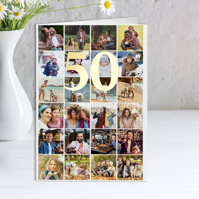 50th or Any Age Birthday 24 Photo Collage Gold Foil Greeting Card (Creator Uploaded)