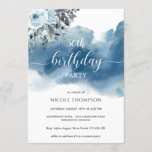 50th or other Birthday Blue Watercolor with Floral Invitation