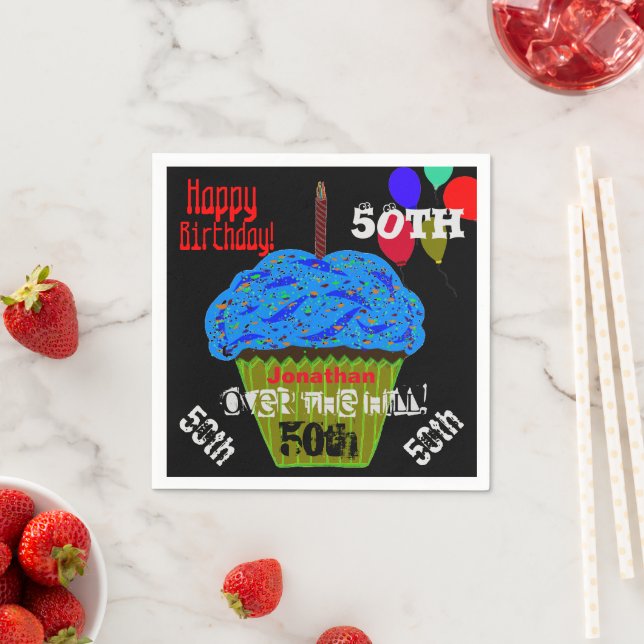 50th Over the Hill Personalised Blue Cupcake Napkin (Insitu)