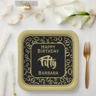 50th Party Random Number Pattern Black/Gold Paper Plate