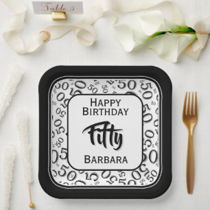50th Party Random Number Pattern Black/White Paper Plate