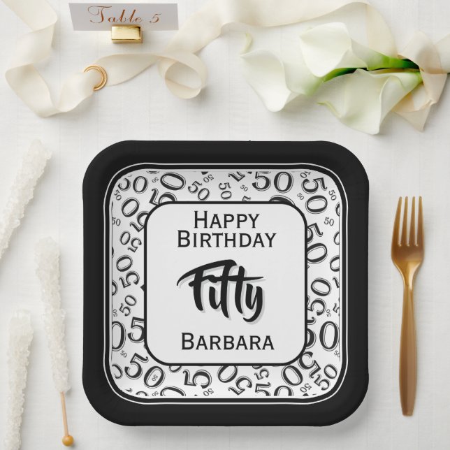 50th Party Random Number Pattern Black/White Paper Plate (Wedding)