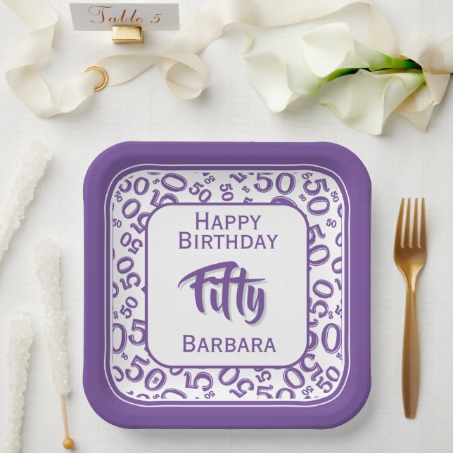 50th Party Random Number Pattern Purple/White Paper Plate (Wedding)
