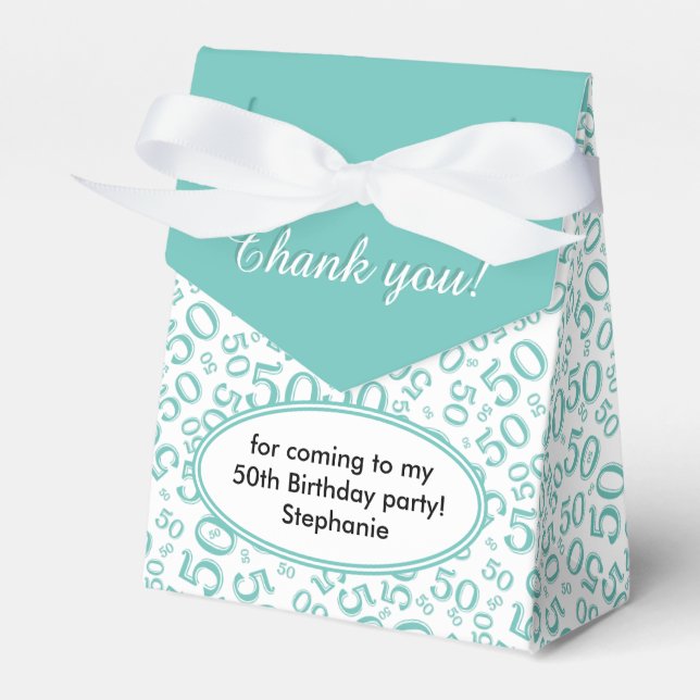 50th Party Random Number Pattern Teal/White Favour Box (Front Side)