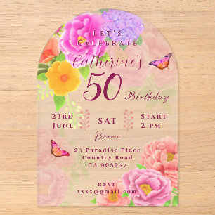 50th Peonies Garden Birthday Acrylic Invitations
