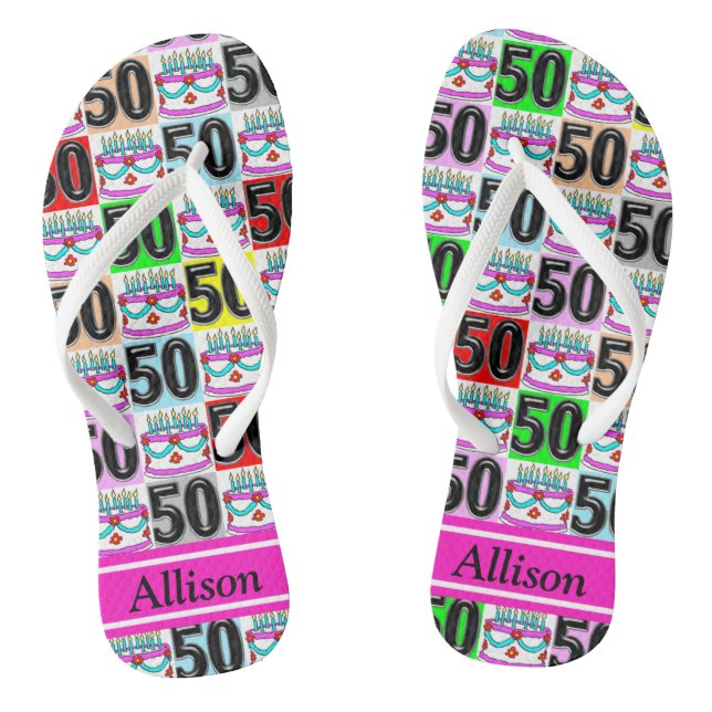 50TH PERSONALIZED BIRTHDAY CAKE FLIP FLOPS (Footbed)