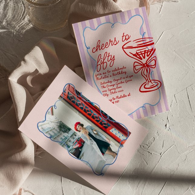 50th Pink Colourful Champagne Fifty Photo Birthday Invitation (Creator Uploaded)