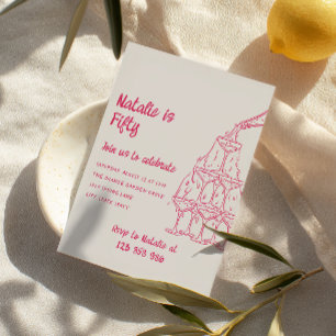 50th Pink Drawn Champagne Tower Fifty Birthday Invitation