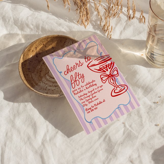 50th Pink Drawn Colourful Champagne Fifty Birthday Invitation (Creator Uploaded)