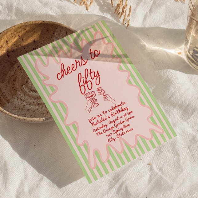 50th Pink Drawn Colourful Stripes Fifty Birthday Invitation (Creator Uploaded)