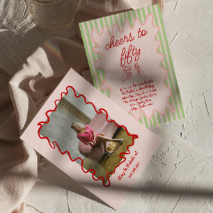 50th Pink Drawn Colourful Stripes Photo Birthday Invitation
