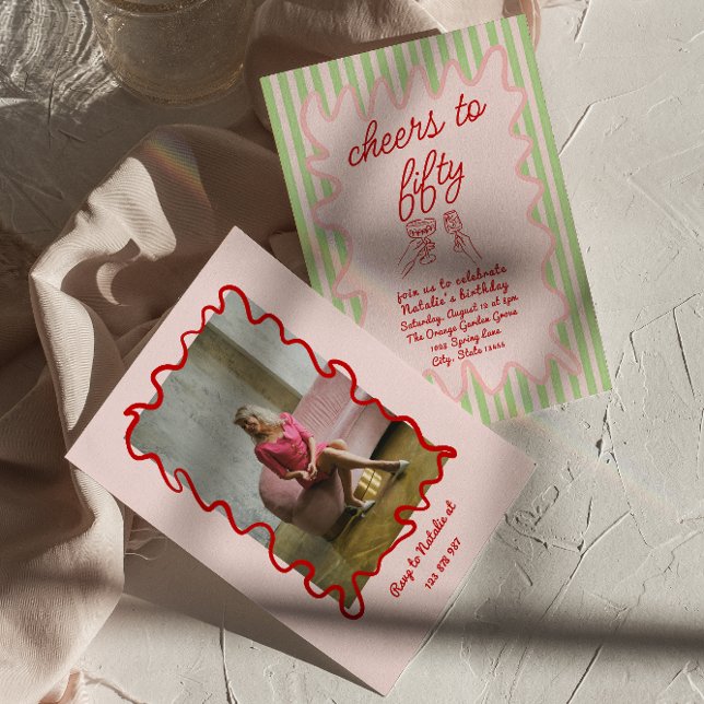 50th Pink Drawn Colourful Stripes Photo Birthday Invitation (Creator Uploaded)