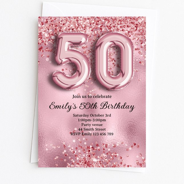 50th Pink Glitter Birthday Invitation (Creator Uploaded)