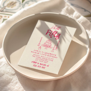 50th Pink Hand Drawn Cake Hello Fifty Birthday Invitation