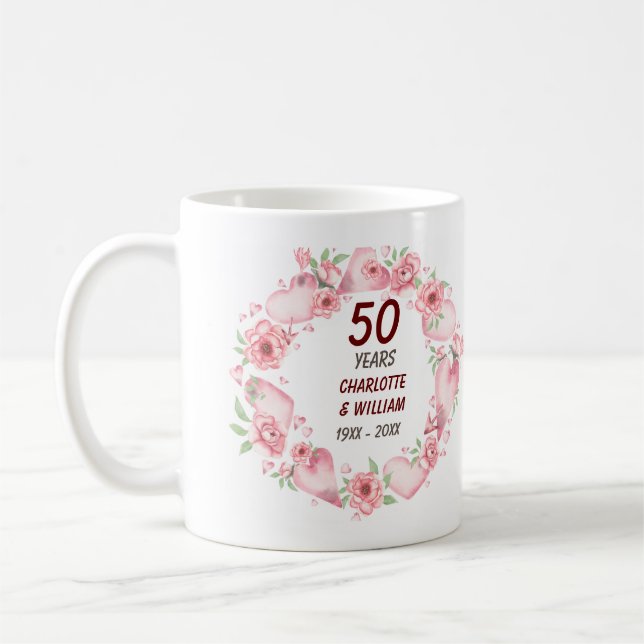 50th pink Wedding Anniversary Roses Greenery Mug (Left)