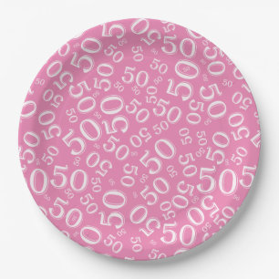 50th Pink/White Random Number Pattern Paper Plate