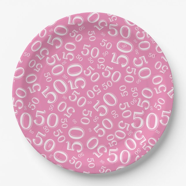 50th Pink/White  Random Number Pattern Paper Plate (Front)