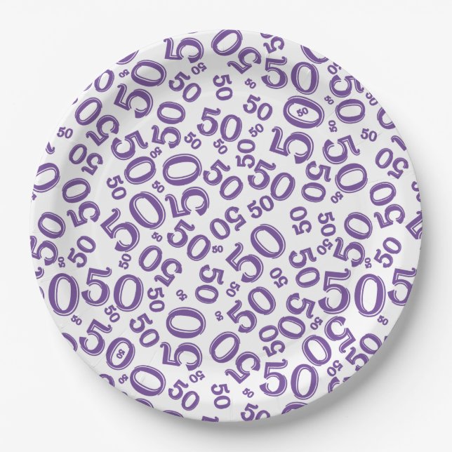 50th Purple/White  Random Number Pattern Paper Plate (Front)