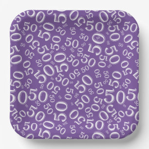 50th Purple/White  Random Number Pattern Paper Plate