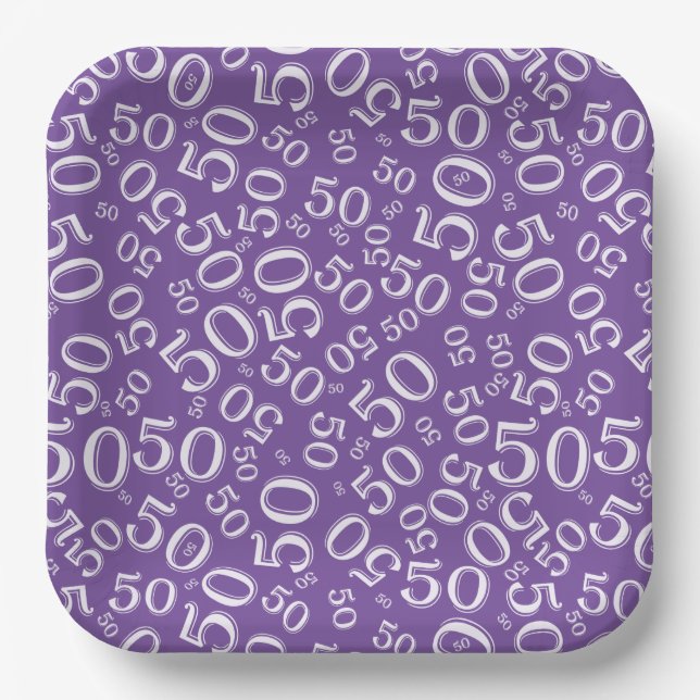 50th Purple/White  Random Number Pattern Paper Plate (Front)