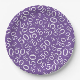50th Purple/White  Random Number Pattern Paper Plate