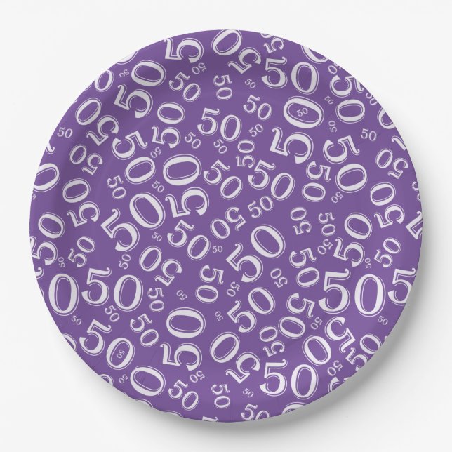 50th Purple/White  Random Number Pattern Paper Plate (Front)