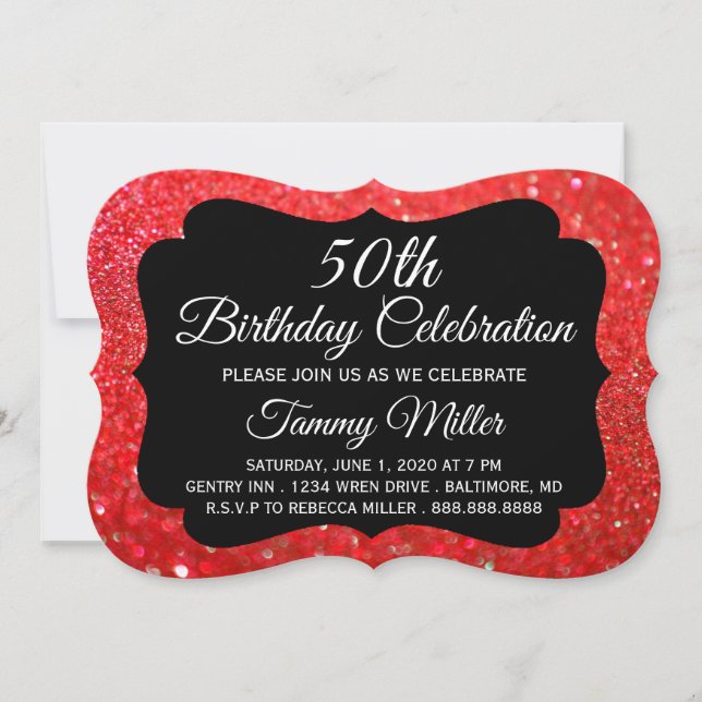 50th Red Glitter Fab Glam Birthday Party Invite (Front)