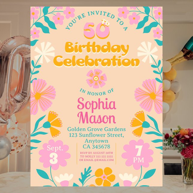 50th Retro Groovy Vibe Birthday Invite Floral Pink (Creator Uploaded)