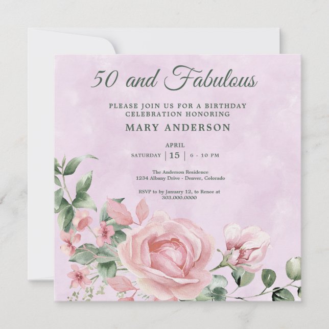 50th rose floral birthday invitation (Front)