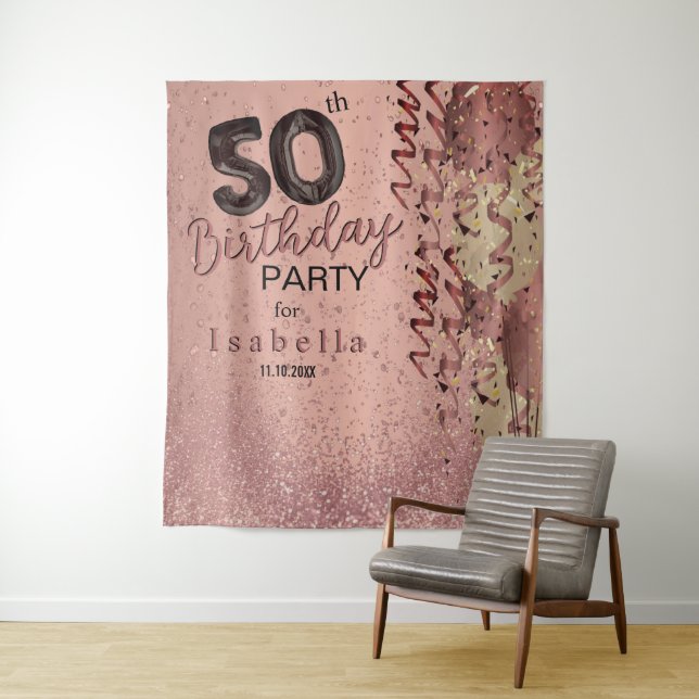 50th Rose Gold Glitter Birthday Tapestry (In Situ)