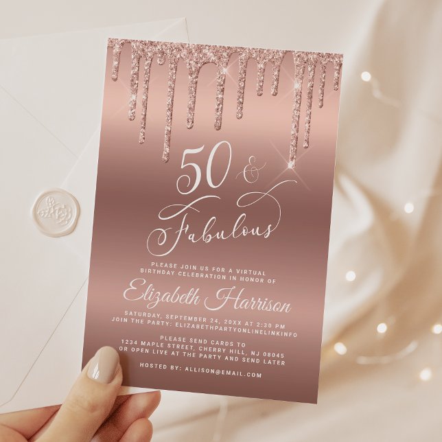 50th Rose Gold Glitter Virtual Birthday Party Invitation (50 & Fabulous: Toast to a Life Well Celebrated!)