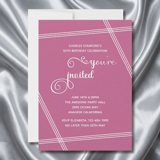 50th Simple Modern Elegant Birthday Party Invites (Pink 50th birthday invitation on grey silk background.)